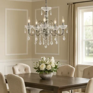 نجف مودرن فضي بشمعدان وقطع زجاجية شفافة — 5 قواعد E14