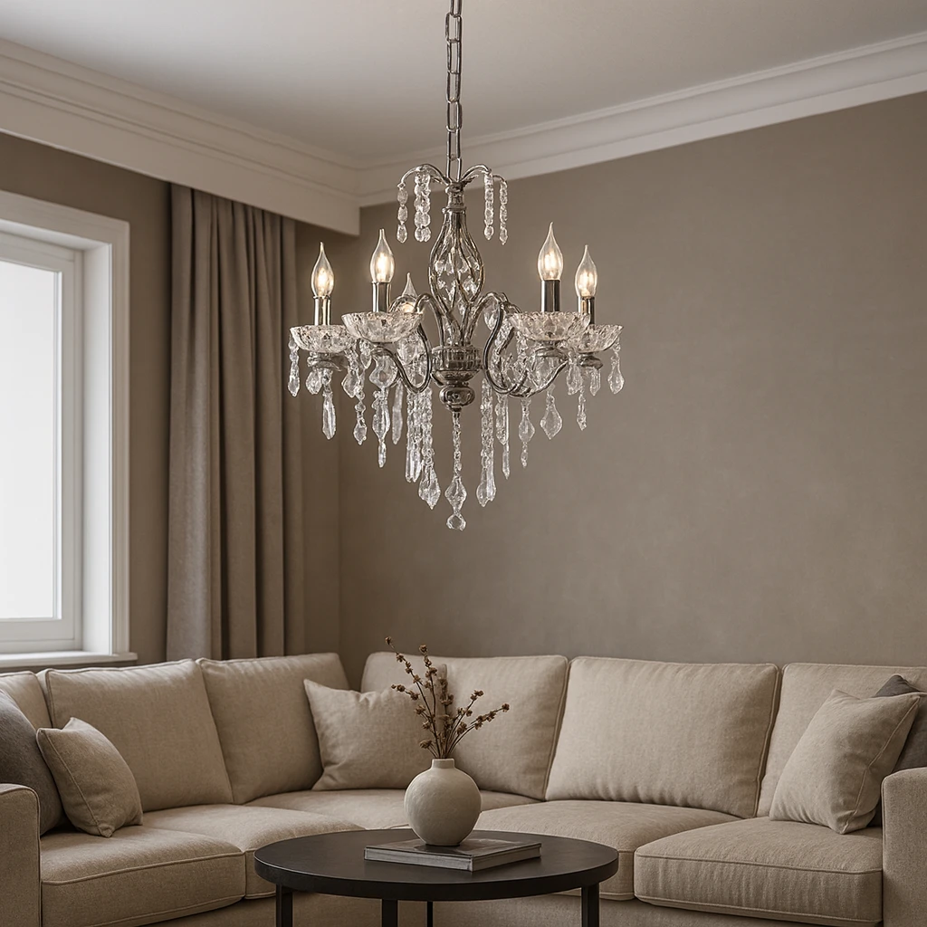 نجف مودرن على شكل شمعدان فضي بزجاج شفاف لـ5 لمبات E14