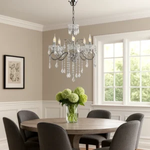 نجف مودرن بتصميم شمعدان فضي مع زجاج شفاف — 5 لمبات E14