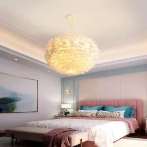 Modern white chandelier with an elegant, calming, and eye-friendly design; 5 E27 bulbs; 80 cm size