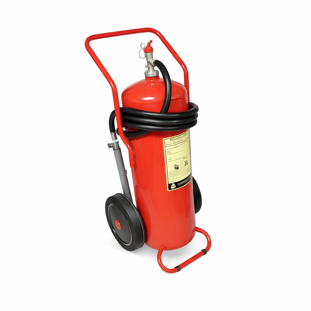 طفاية حريق بعجلات بسعة 50 كجم – بودرة كيميائية جافة ABC ونظام تشغيل بالخرطوشة (Buckeye)