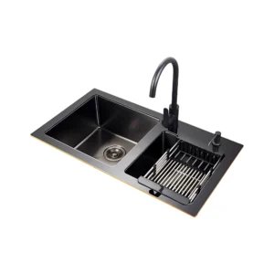 حوض غسيل مزدوج ستانلس ستيل مع غطاء زجاج سكريت 6 مم – أسود 46×84 سم | SINDBAD، مقاوم الحرارة والخدوش مع ملحقات متكاملة للاستخدام المكثف