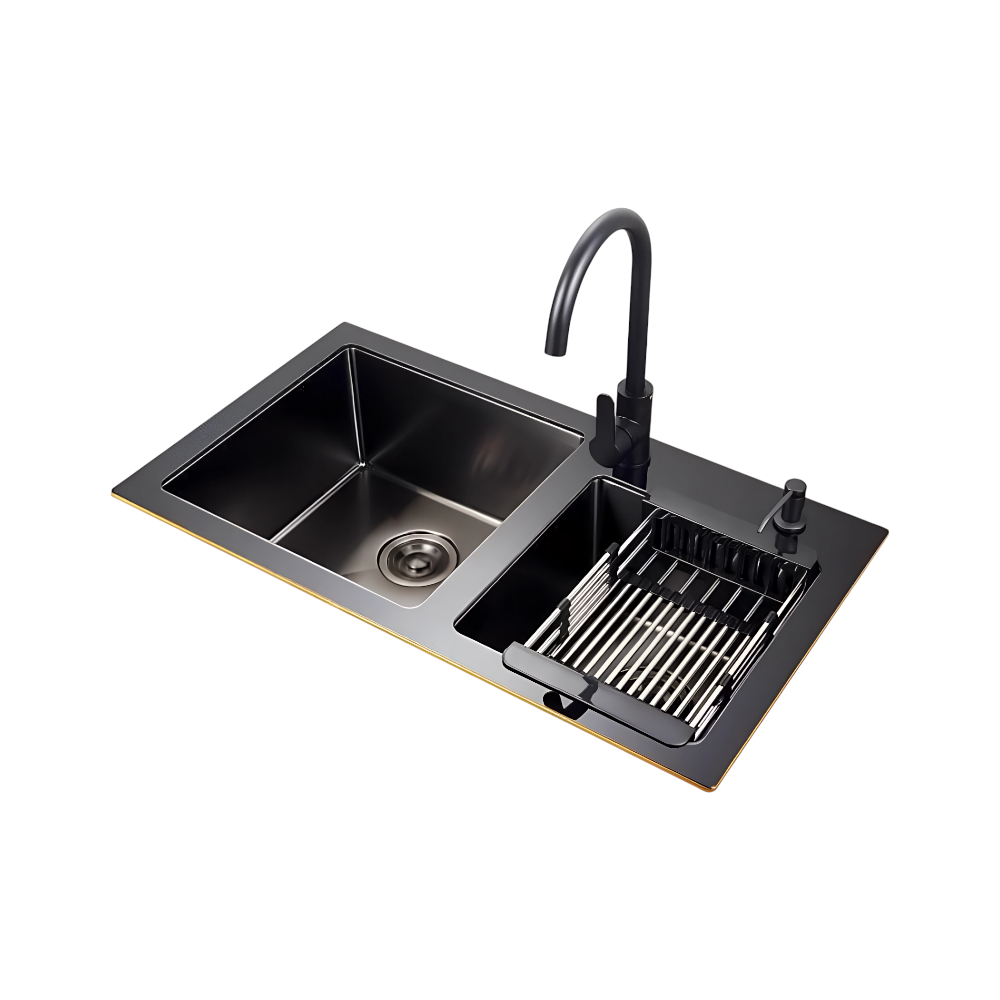 حوض غسيل مزدوج ستانلس ستيل مع غطاء زجاج سكريت 6 مم – أسود 46×84 سم | SINDBAD، مقاوم الحرارة والخدوش مع ملحقات متكاملة للاستخدام المكثف