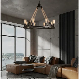 ثريا معلقة مودرن بحبال ريفية سوداء بتصميم سداسي 6 لمبات E27