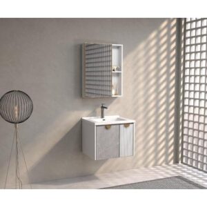 طقم مغسلة 60 سم من BEBO مع مرآة وخزانة وإطار ديكور ألمنيوم — رمادي