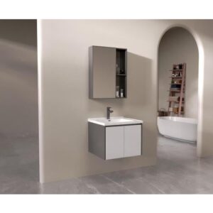 طقم مغسلة ألومنيوم ديكور مع مرآة وخزانة 60 سم - BEBO - رمادي