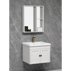 طقم مغسلة حمام 60 سم مع مرآة وخزانة ألمنيوم — BEBO — رمادي