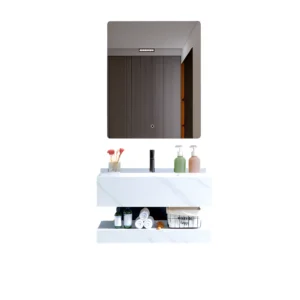 60cm wide porcelain guest washbasin — with a marble vein design and LED-lit mirror, in white