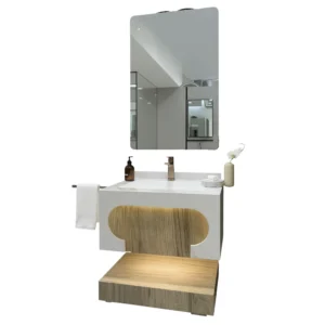 60cm off-white washbasin with front panel, shelf, and LED-lit mirror