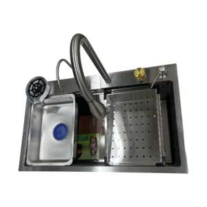 Stainless steel kitchen sink with nano-technology, pull-out tap, and cup washer — 75 x 44 cm