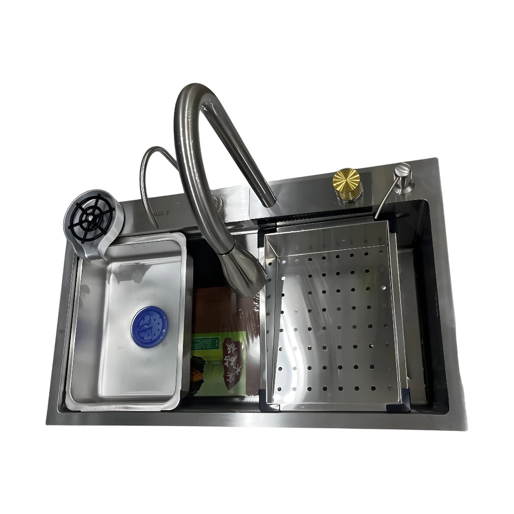 Stainless steel kitchen sink with nano-technology, pull-out tap, and cup washer — 75 x 44 cm