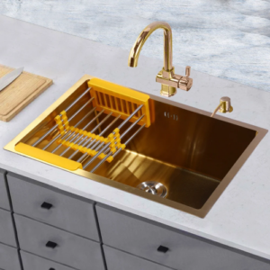 حوض مطبخ ذهبي من الستانلس ستيل مقاس 75×45 سم