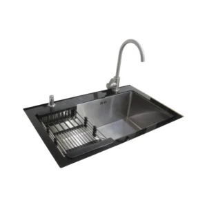 مجلى مطبخ استانلس ستيل فضي 75×48 سم مع غطاء زجاج سكريت 6 ملم — تصميم عصري للاستخدام اليومي، SINDBAD مع خلاط وباسكت ووحدة فيري