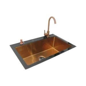 مجلى مطبخ استانلس ستيل ذهبي 75×48 سم مع غطاء زجاجي سكريت 6 مم — أنيق للاستخدام اليومي من SINDBAD (يشمل خلاط، باسكت، ووحدة فيري)