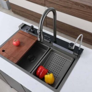 حوض غسيل ستانلس ستيل أسود مع خلاط بخمس أزرار موديل 7545