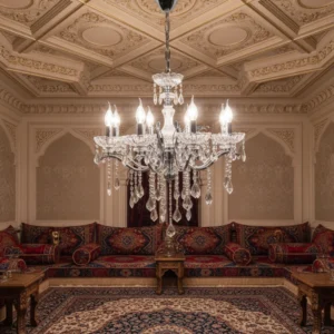 نجف مودرن على شكل شمعدان فضي مع عناصر زجاجية شفافة – 8 لمبات E14