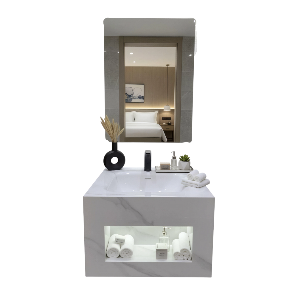 Luxury washbasin with integrated porcelain basin, 80 cm — white with gray veining and a three-color illuminated mirror