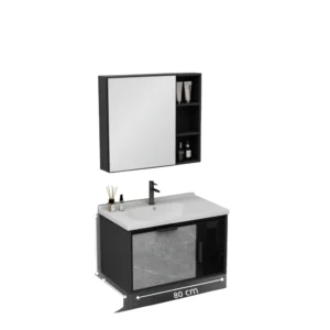 طقم مغسلة حمّام بالألمنيوم مع مرآة وخزانة — مقاوم للرطوبة، أسود 80 سم