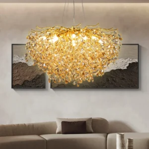 نجف مودرن بقطر 80 سم بلون ذهبي وعسلي مع قطع شفافة — 13 لمبة E14