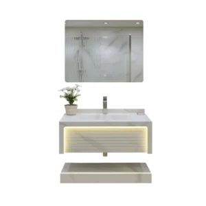 80cm wide porcelain bathroom sink — white with gray veins and built-in lighting