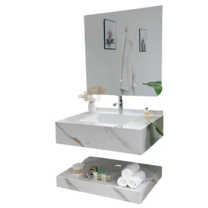 Gray porcelain single basin bathroom sink with illuminated mirror, 80 cm
