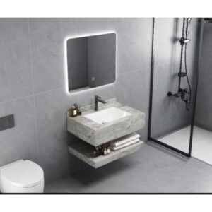 مغسلة ديكور من رخام صناعي بتصميم حجري مع حوض ورف — 80 سم، أبيض بعروق رمادية