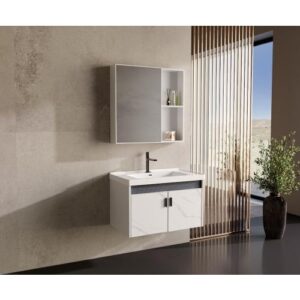 مغسلة حائطية ألمنيوم مع مرآة وحوض سيراميك - بيبو 80 سم - رمادي/أسود