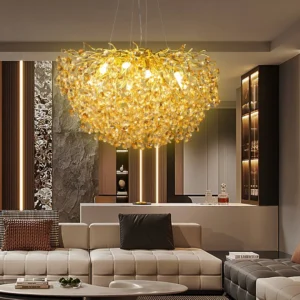 نجفة مودرن ذهبية شفافة بعقد عسلي قطر 80 سم — إضاءة سقف فاخرة بتصميم فريد