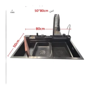 حوض مطبخ ستانلس ستيل نانو أسود متعدد الوظائف مع خلاط شلال ورشّاش — 80×50 سم