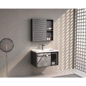 طقم مغسلة حمام بعرض 80 سم مع مرآة وخزانة من الألمنيوم بتصميم عصري - BEBO - أسود