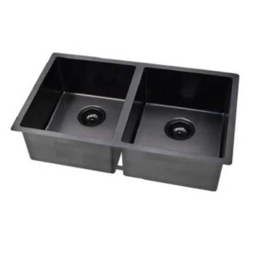 حوض مطبخ مزدوج من الفولاذ المقاوم للصدأ بطلاء أسود 82×45 سم — بدون فتحة للحنفية