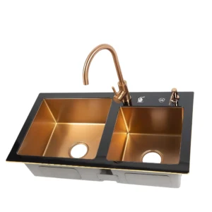 حوض مطبخ سندباد مزدوج من ستانلس ستيل ذهبي مع سطح زجاجي مقسّى — 84×46 سم