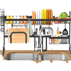 شبك ستيل قابل للتمديد لوضع فوق حوض المطبخ 88–107 × 32 × 52 سم — لتجفيف الصحون وتصريف الخضروات وتنظيم أدوات المطبخ | SINDBAD متانة وتنظيم ذكي