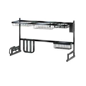 رف ستانلس ستيل أسود فوق الحوض قابل للتمديد 88–107 × 32 × 52 سم لتجفيف الصحون وتصريف الخضروات وتنظيم الأدوات – SINDBAD