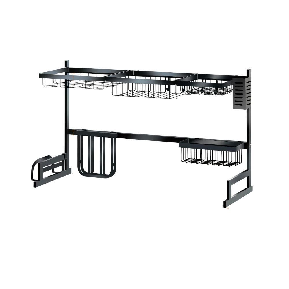 رف ستانلس ستيل أسود فوق الحوض قابل للتمديد 88–107 × 32 × 52 سم لتجفيف الصحون وتصريف الخضروات وتنظيم الأدوات – SINDBAD