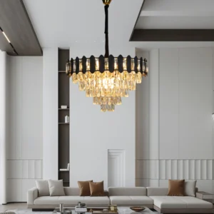 نجف مودرن أسود مع تفاصيل ذهبية، 9 لمبات E14، قطر 60 سم