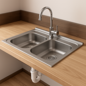 حوض مطبخ ستانلس ستيل بمغسلتين — التقنية الوطنية — 90×60 سم