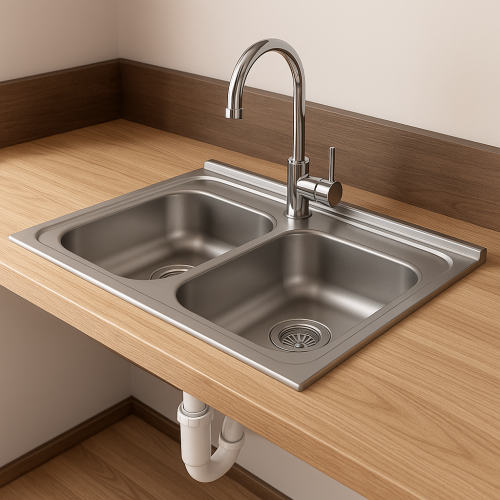 حوض مطبخ ستانلس ستيل بمغسلتين — التقنية الوطنية — 90×60 سم