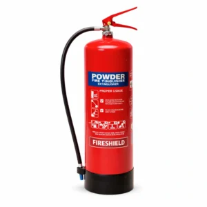 ABC dry chemical powder fire extinguisher with a capacity of 12 kg — cartridge operated inside a Fire Shield (GRP) cabinet