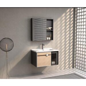 طقم مغسلة ديكوري من الألمنيوم BEBO مع مرآة وخزانة - عرض 80 سم - أسود ولمسات خشبية
