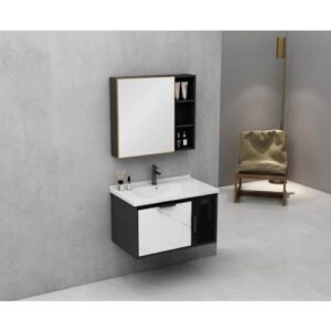 مغسلة حمام معلقة بمرآة من BEBO — إطار ألومنيوم، عرض 80 سم، باللونين الأسود والأبيض