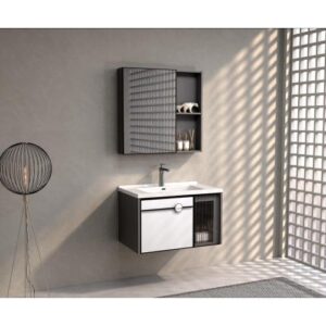 طقم مغسلة ألومنيوم مودرن مع مرآة وخزانة BEBO - 80 سم - أسود/أبيض