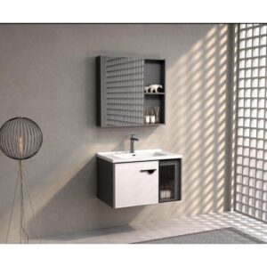 طقم مغسلة BEBO مع خزانة ومرآة من الألومنيوم — ديكور 80 سم، أسود وأبيض