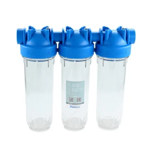 غلاف فلتر مياه شفاف ثلاثي من أطلس فلتري DP 10 TRIO — مقاس 10 بوصة، وصلات 3/4 بوصة