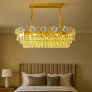 نجفة كريستال ذهبية بقاعدات E14 — 10 لمبات، قطر 800 مم × ارتفاع 300 مم