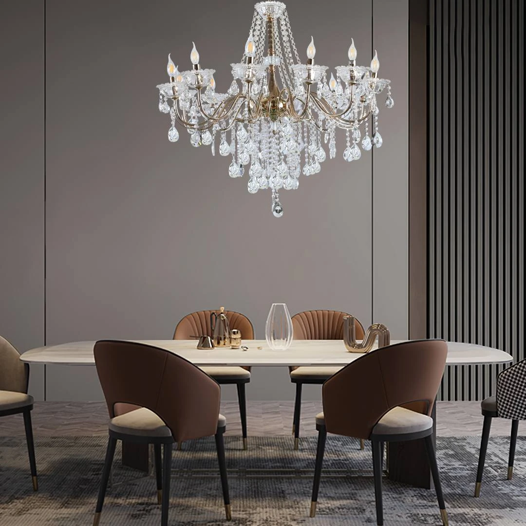 ثريا معلقة مودرن ذهبي بقطع شفافة لمصابيح E14 (12 لمبة)