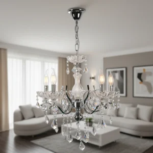 نجف مودرن بتصميم شمعدان وكرستال لامع، هيكل فضي وقاعدة شفافة لخمسة لمبات E14