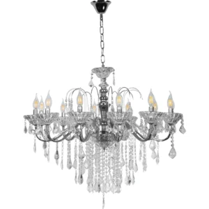 نجف مودرن فضي بتصميم شمعدان وقطع زجاجية شفافة – ١٢ لمبة E14