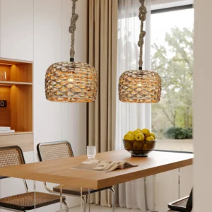 مصباح معلق مفرد بحبل وقش، قاعدة لمبة E27 (لمبة واحدة)