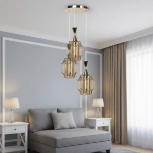 Modern triple pendant chandelier with E27 sockets (3 bulbs), gold